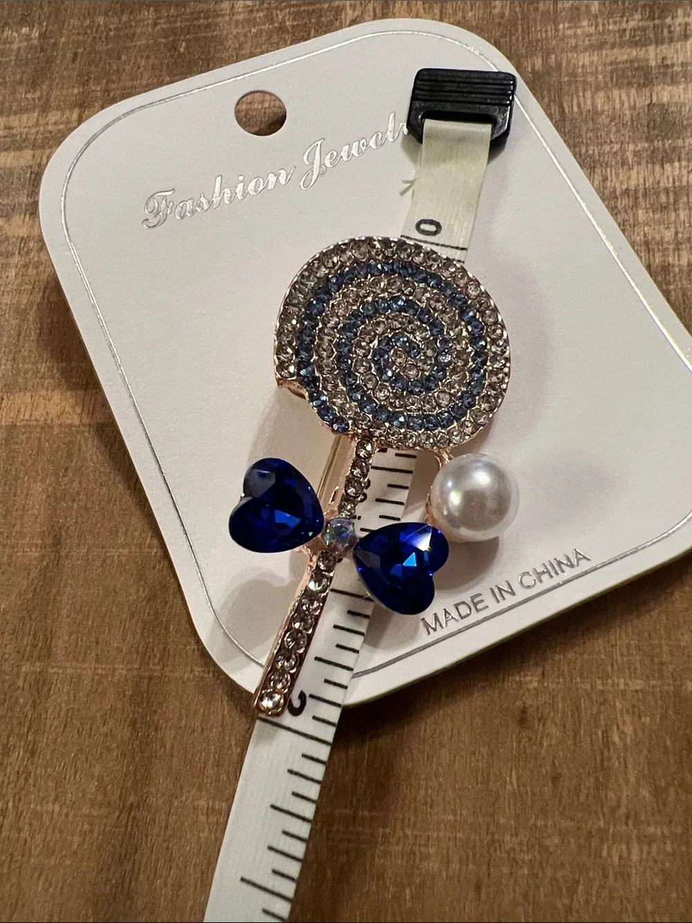 3/$18 Crystal Spiral Lollipop Brooch with Blue Hearts and Pearl Accent Lot 6060
